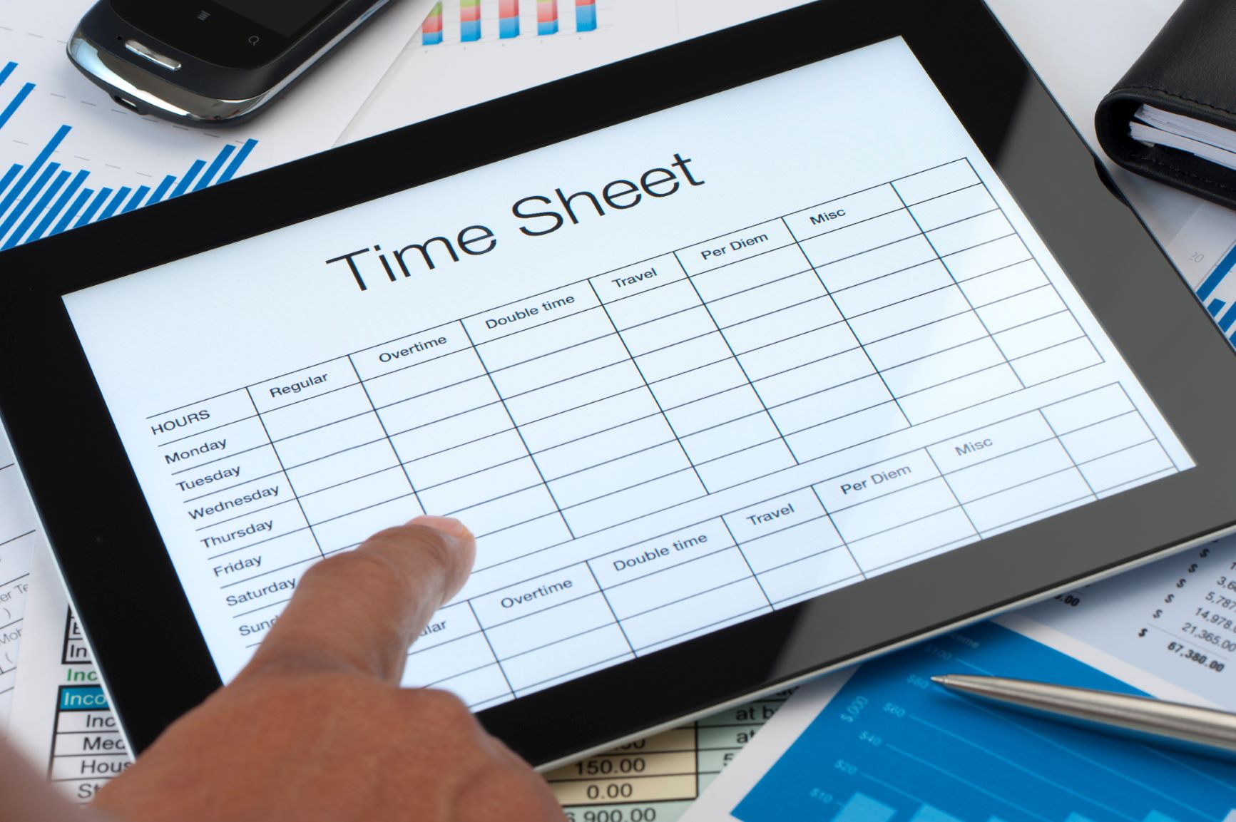 Man pointing to a timesheet image on an iPad